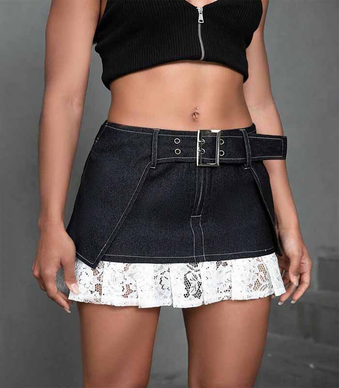 Black lace-trimmed denim mini skirt