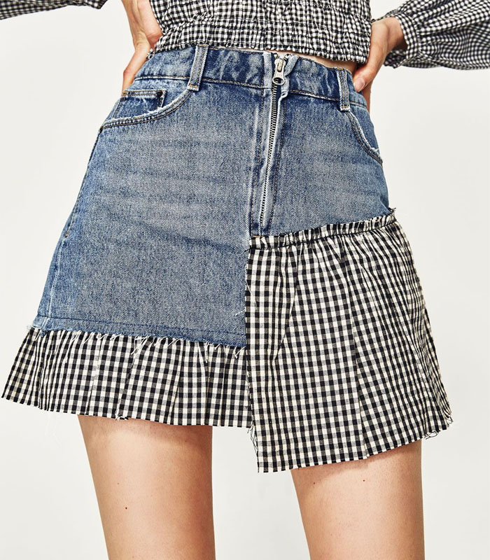 Vintage Houndstooth Patchwork Denim Skirt