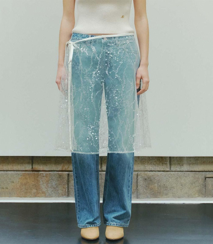 Trendy Layered Denim Pants with Transparent Lace Overlay – Edgy & Elegant