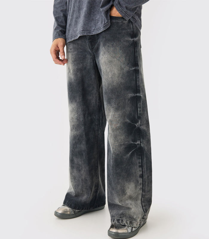Mens Extreme Super Baggy Acid Wash Jeans In Washed Black