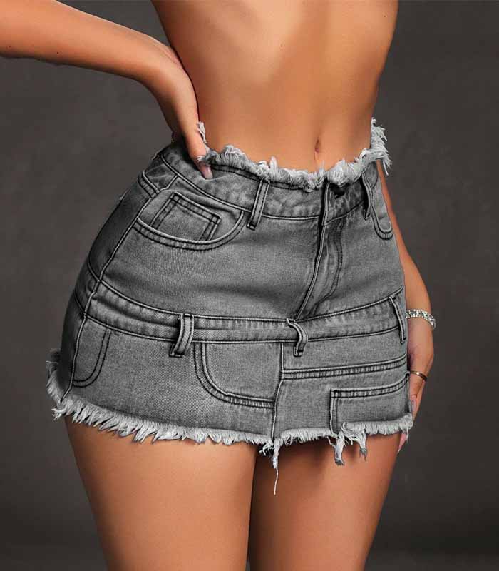 Women's Pocket Design Frayed Hem Short Casual Denim Skirt
