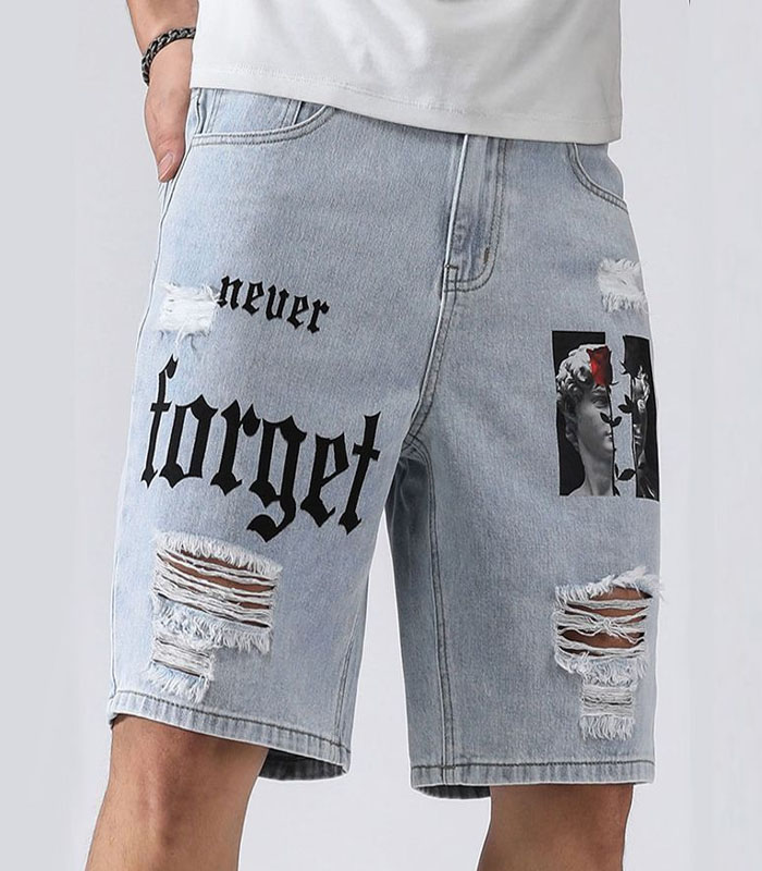 Men Summer Stretchy Denim Shorts Jeans For Men Streetwear Letter Ripped Knee length Baggy Comfort