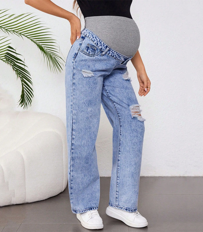  Elasticated waistband Pregnant Women's Casual Loose Ripped Straight Leg Jeans, Blue