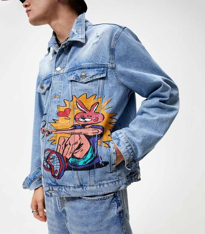 Men's Acid Wash Denim Jacket with Neon Graffiti Print