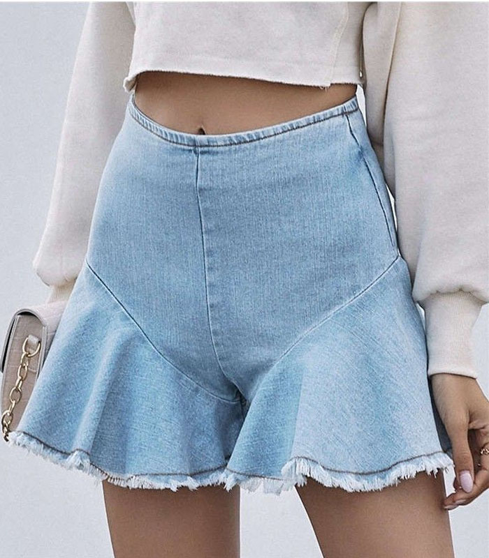 Women Fashion High Waist Zipper Ruffled Shorts
