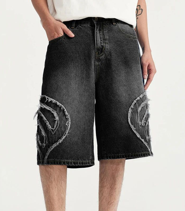 Men’s Black Distressed Denim Shorts with Patchwork & Embroidered Appliqué – Raw Hem Streetwear Style, Vintage Wash, Relaxed Fit