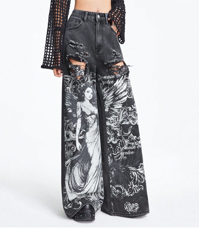 Wide-leg Jeans With Character Print And Distressed Holes Design
