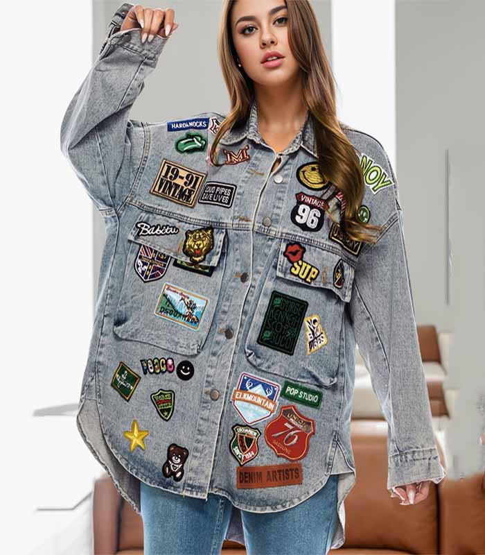 Embroidered Patch Button Up Long Sleeve Denim Jacket