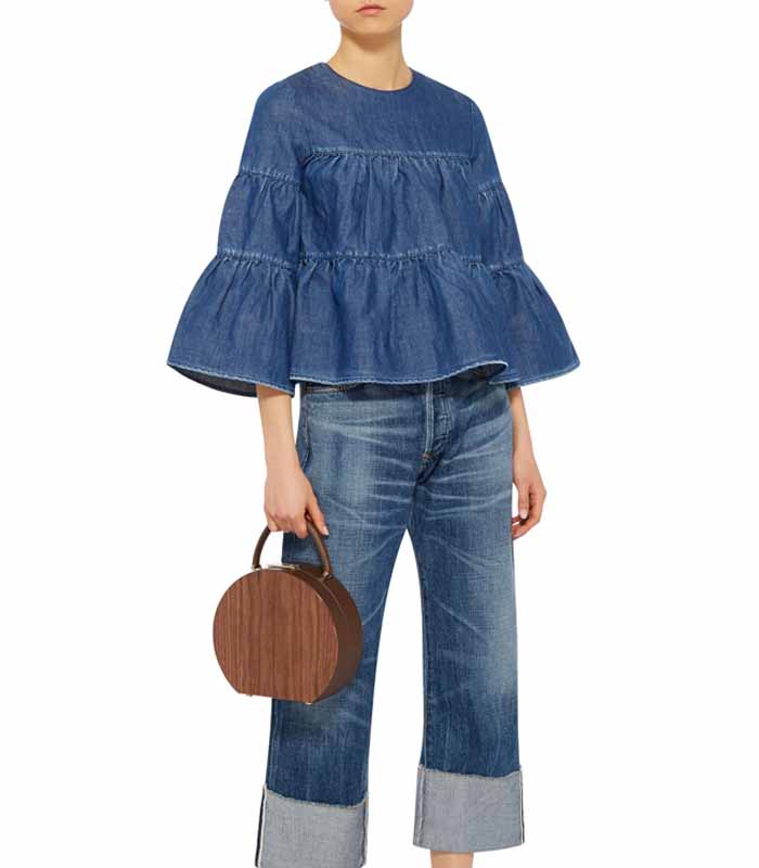 Denim Top with Ruffled Round Neckline