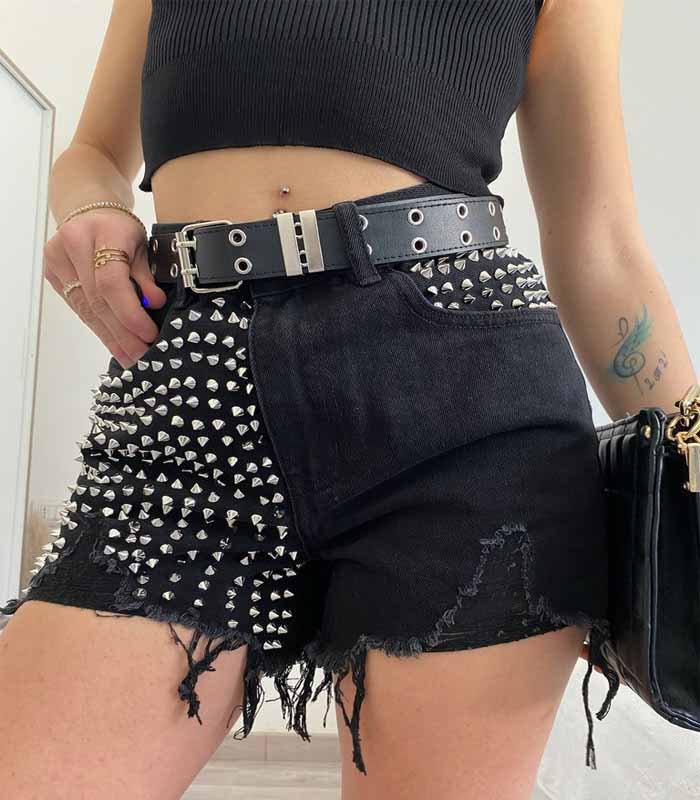 Black Rivet Punk Style Jeans Shorts for women