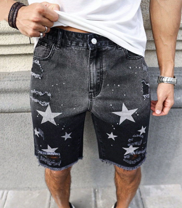 Men's Star Print Distressed Denim Shorts Graphic Denim Jorts Baggy Star Party Dark Grey Denim Shorts