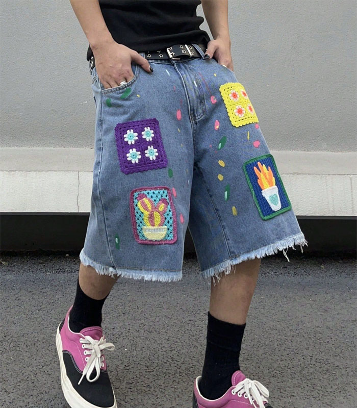 Men's Distressed Denim Shorts - Trendy Streetwear with Patch & Embroidery Design