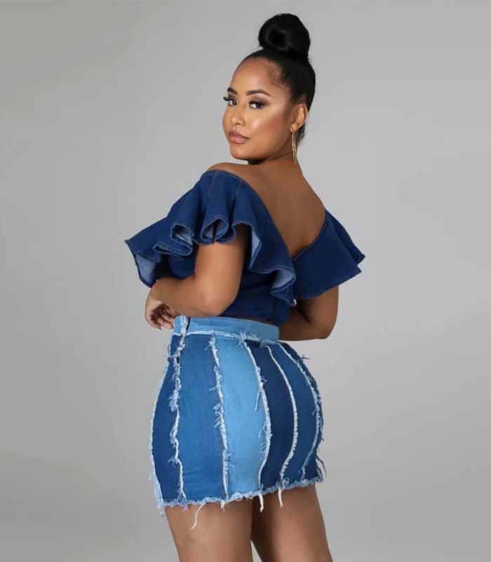 Women's High Waist Patchwork Washed Pleated Denim Skirt
