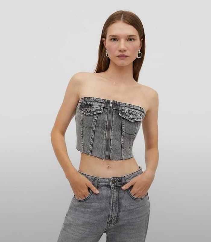 Women's Black Grey Frayed Denim Vest Crop Top Set, Slim Fit Bralette Outfit