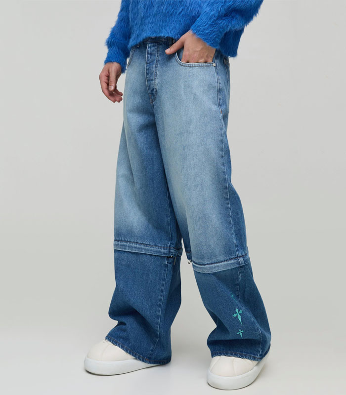 Mens Blue Extreme Baggy Rigid Zip Off Leg Cross Embroidery Denim Jeans