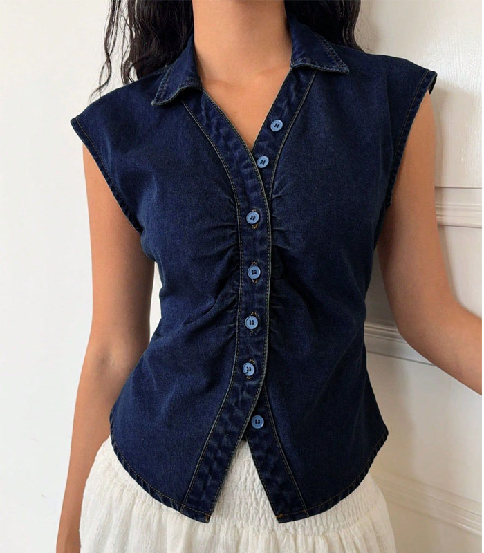 Women's Sleeveless Denim Blouse, Casual Fitted Blue