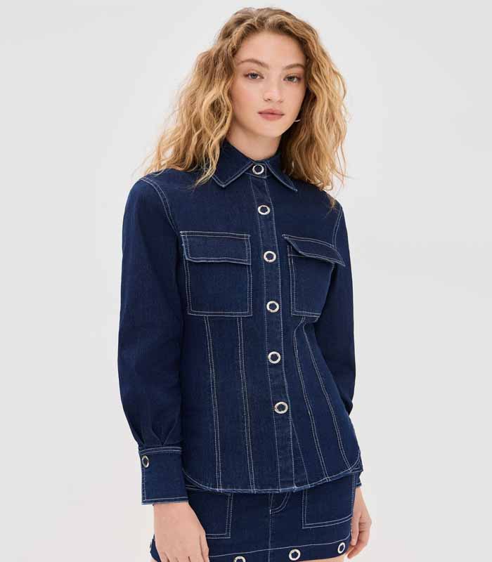 Women’s Dark Blue Utility Pocket Stitch-Detailed Denim Jacket