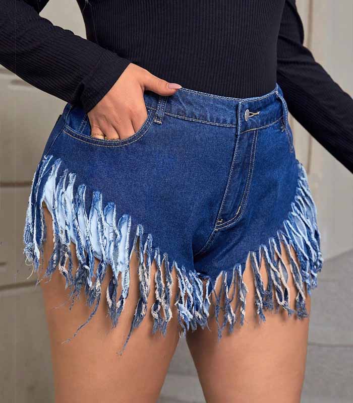 Plus Fringe Trim Denim Shorts