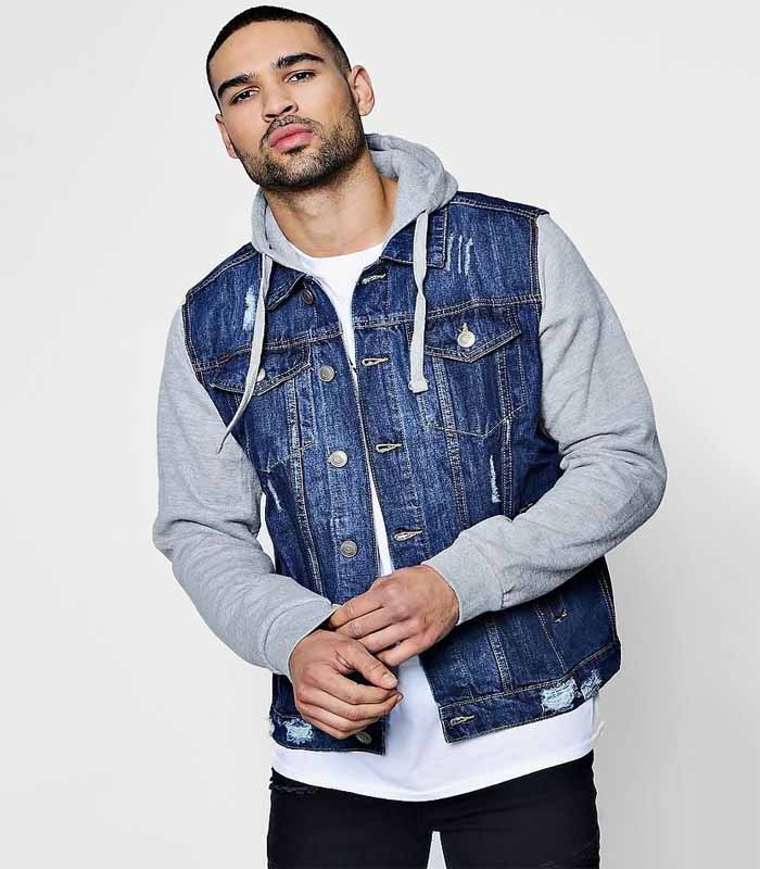Men's Fake Two-Piece Hoodie with Denim Jacket Paneled Open-Front Sweatshirt