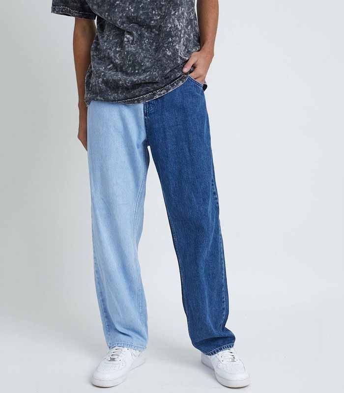 Men's Blue straight leg jeans with split light and mid-wash denim
