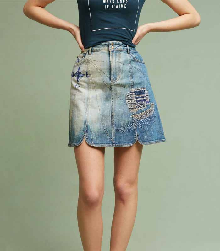 Distressed embroidered skirt
