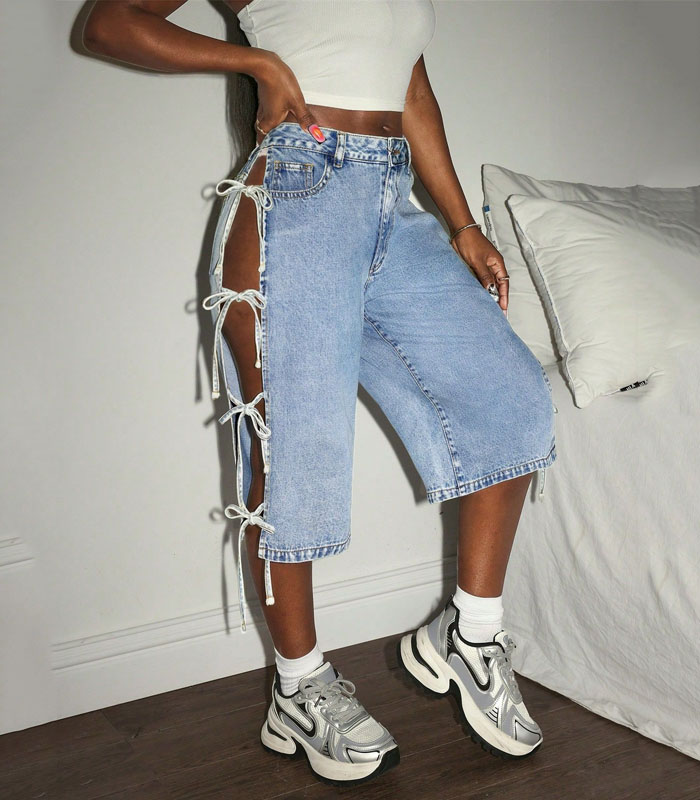 Casual Women's Denim Straight Leg Lace-Up Shorts
