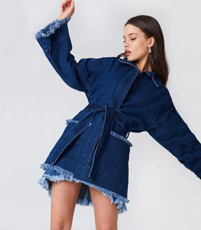 Boho Chic Women's Denim Duster Jacket – Tie-Waist Design, Distressed Dark Wash & Frayed Details