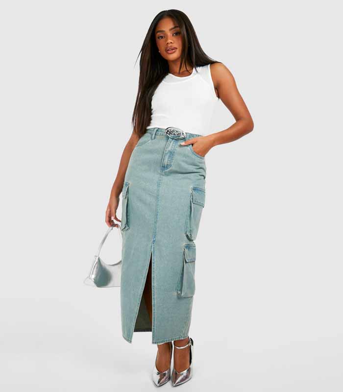 Retro Washed Workwear Denim Long Skirt with Pockets