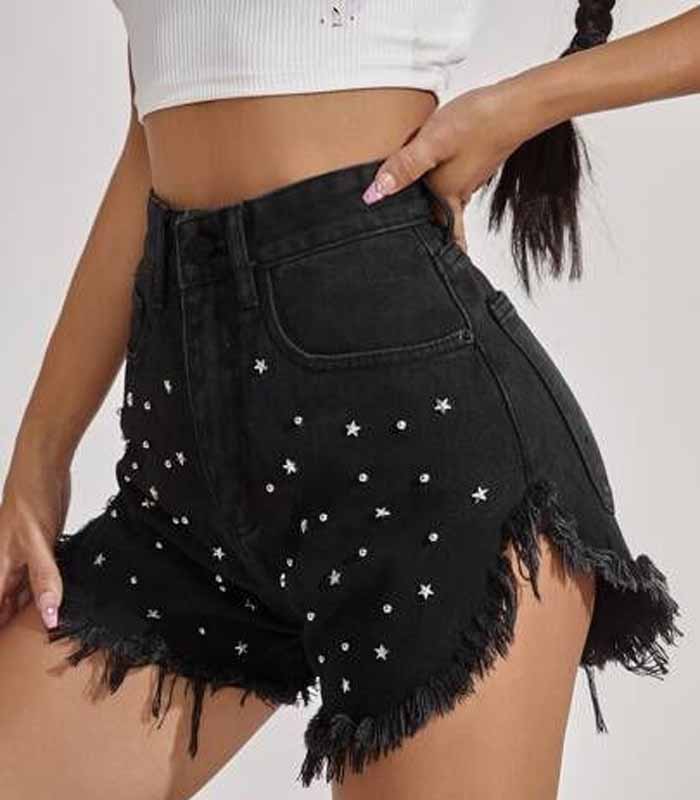 Women's Black Washed Denim Shorts with Studs and Raw Hem