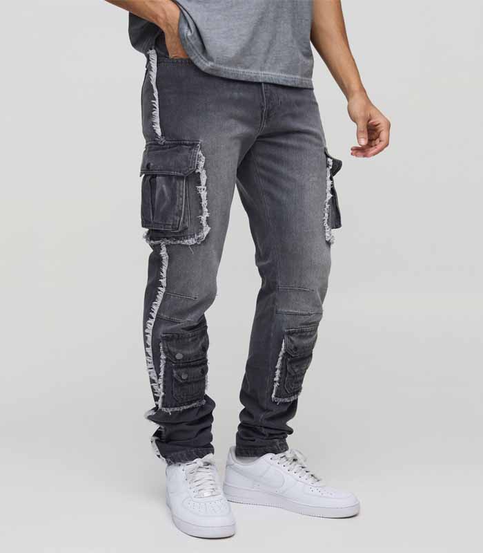 Mens Grey Slim Stacked Washed Cargo Popper Jeans