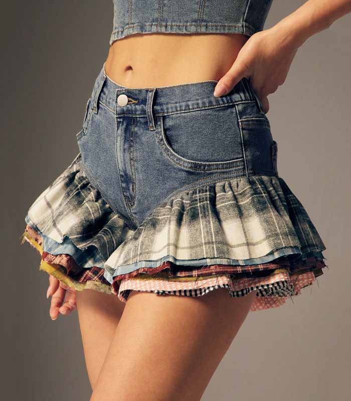 High Rise Mixed Plaid Ruffle Denim Micro Mini Shorts Summer Outfits For Women Denim Shorts