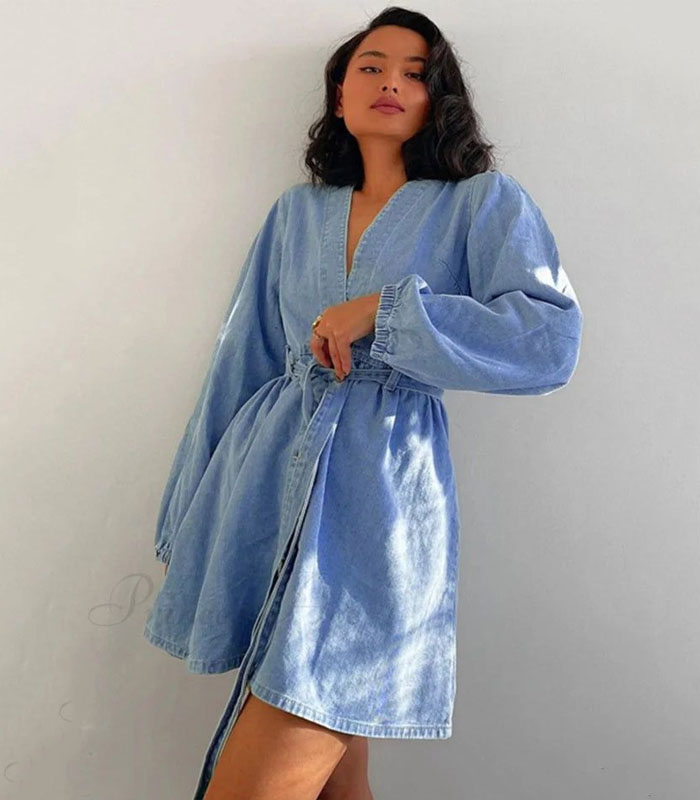 V Neck Button Front Lace Up Denim Dress - Blue