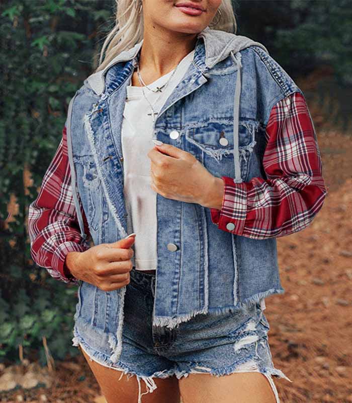 Blue Plaid Print Patchwork Hooded Raw Hem Denim Jacket