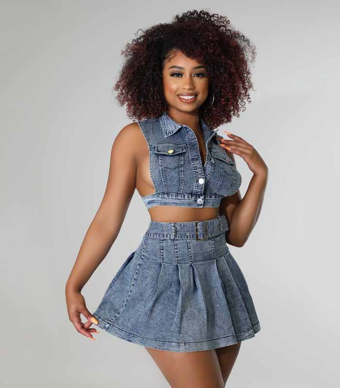 High-Waisted Denim Skirt Set