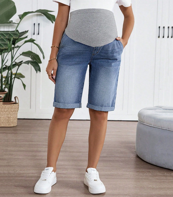 Maternity Denim Cropped Shorts, Casual Slim Fit, Blue,Summer Beach Vacation