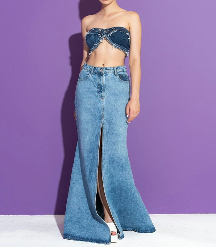 Front Center-Slit Light Blue Washed Polar Denim Maxi Skirt