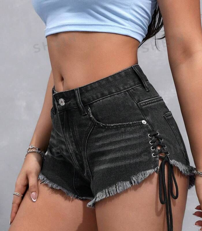 Stretch Black Denim Hot Pants with Side Tie Detail
