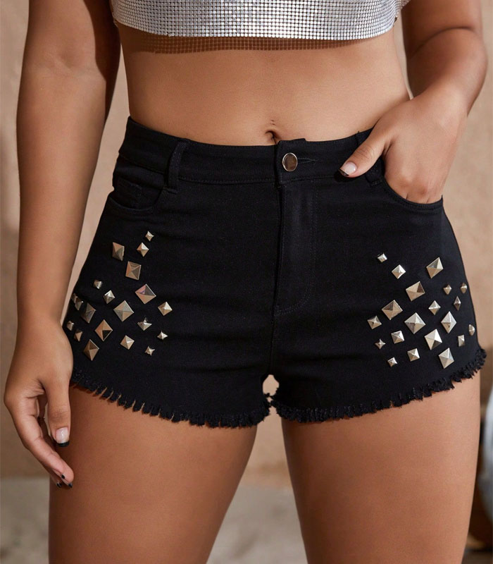 Studded Detail Trim Raw Hem Booty Denim Shorts