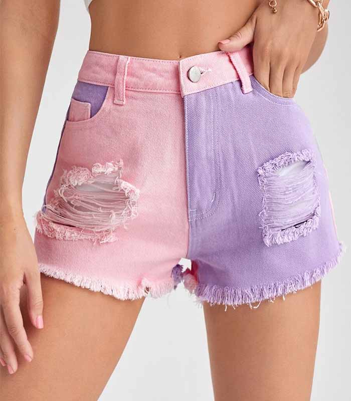 Two Tone Raw Hem Ripped Denim Shorts