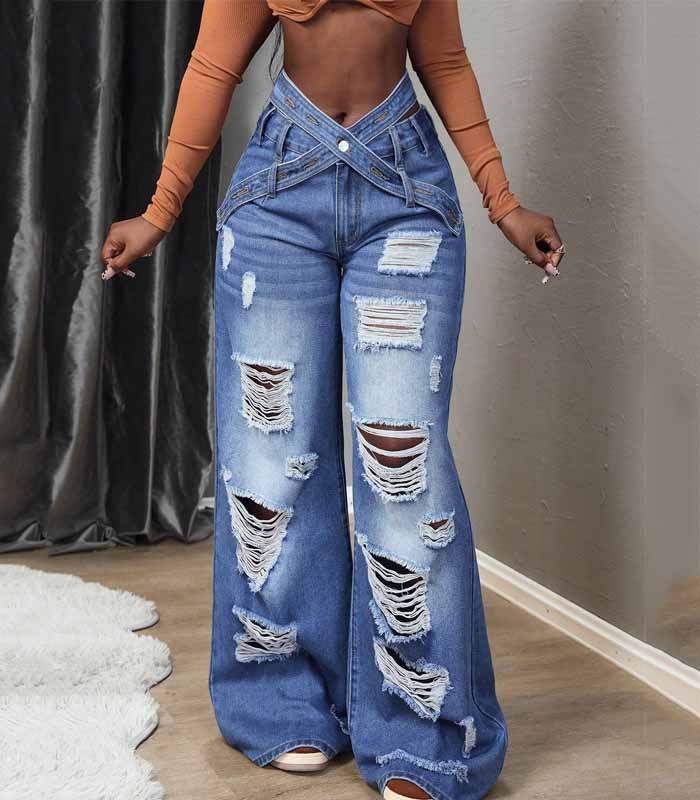 Women's Criss-Cross Waistband Ripped Wide Leg Jeans