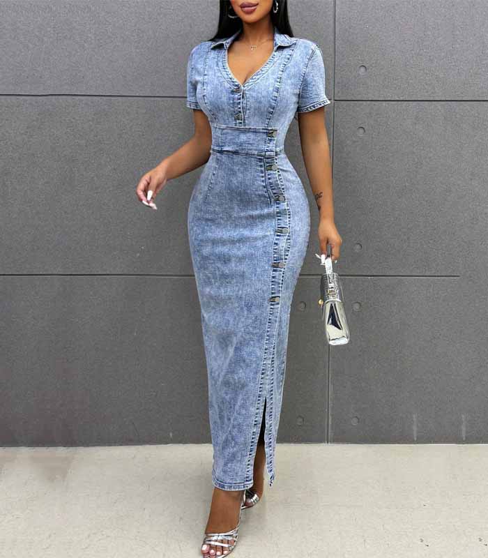 Ladies' Sexy Stretchy Denim Dress, Short Sleeve V-Neck Bodycon Dress, Blue