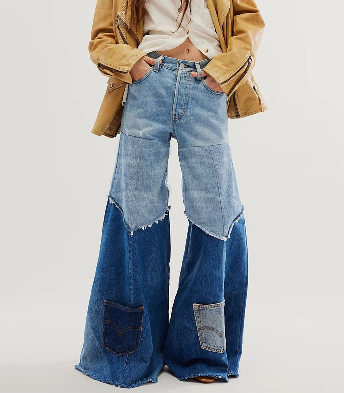 Patchwork High Waist For Female Denim Pants Slimming Hit Color Wide-legged Colorblock Pocket Flares