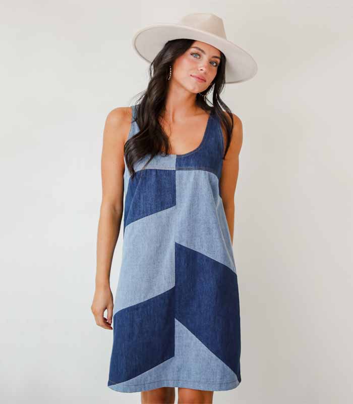 Denim Color Block Mini Dress