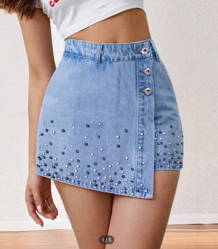 crystal embellishments of  bodycon  denim mini skirt