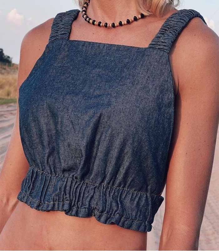 Black Stretch Adjustable Strap Short Denim Top