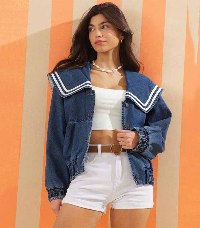 Sailor Collar Contrast Tipping Button Front Long Sleeve Spring Denim Jacket Summer Beach Vacation