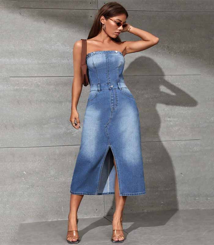 Split Thigh Tube Denim Dress