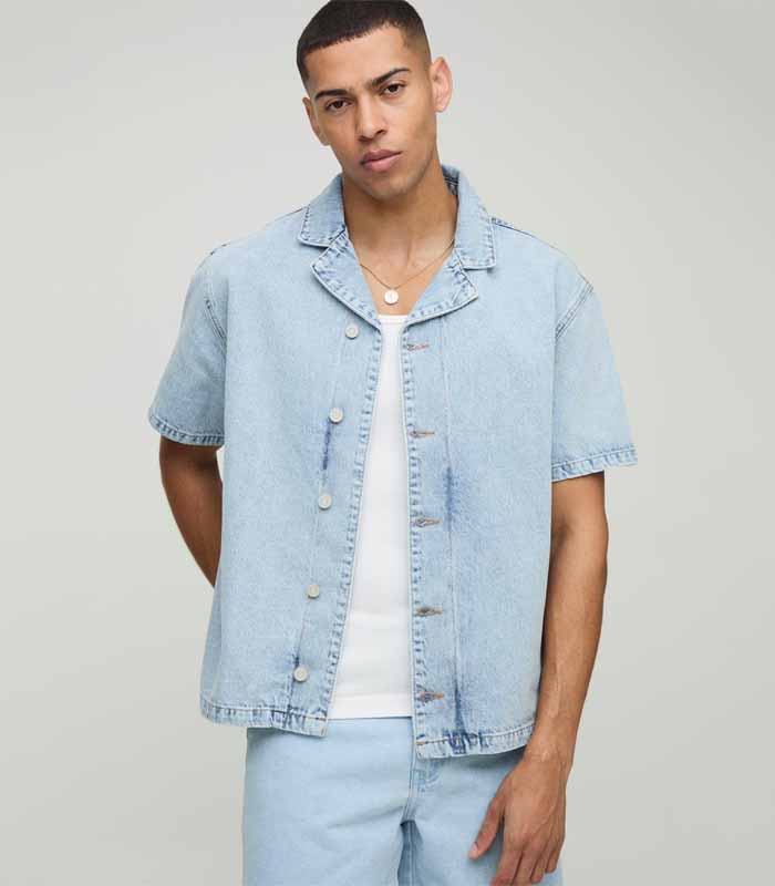 Mens Boxy Revere Light Wash Blue Denim Shirt