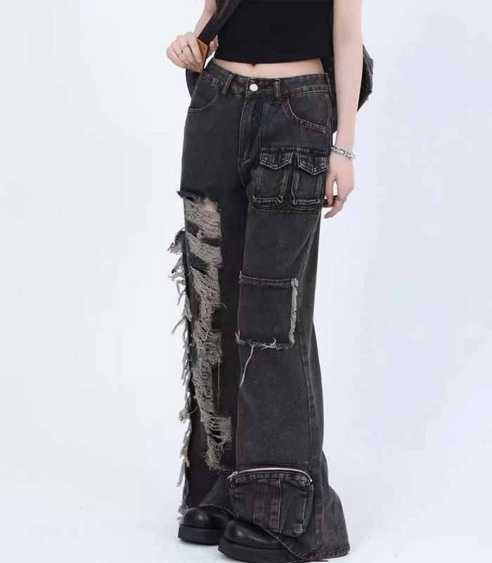 Women's Black Wide-Leg Jeans with Raw Hem and Pocket Detailing