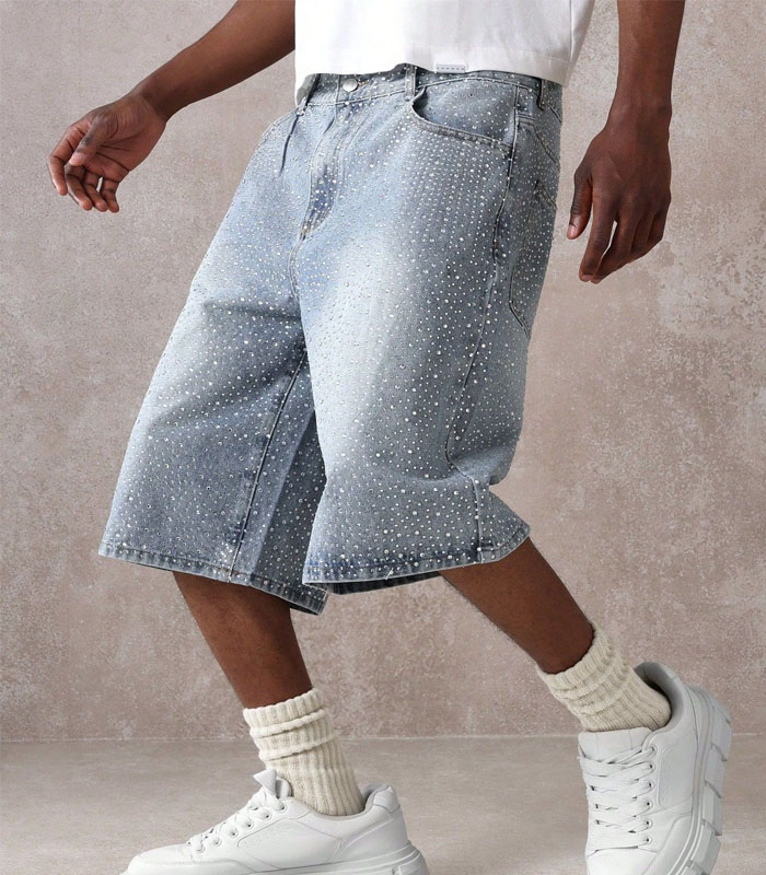 Sparkle Rhinestone Embellished Wide Leg Denim  Shorts Festival Fashion High Waist Loose Fit Summer Street Style